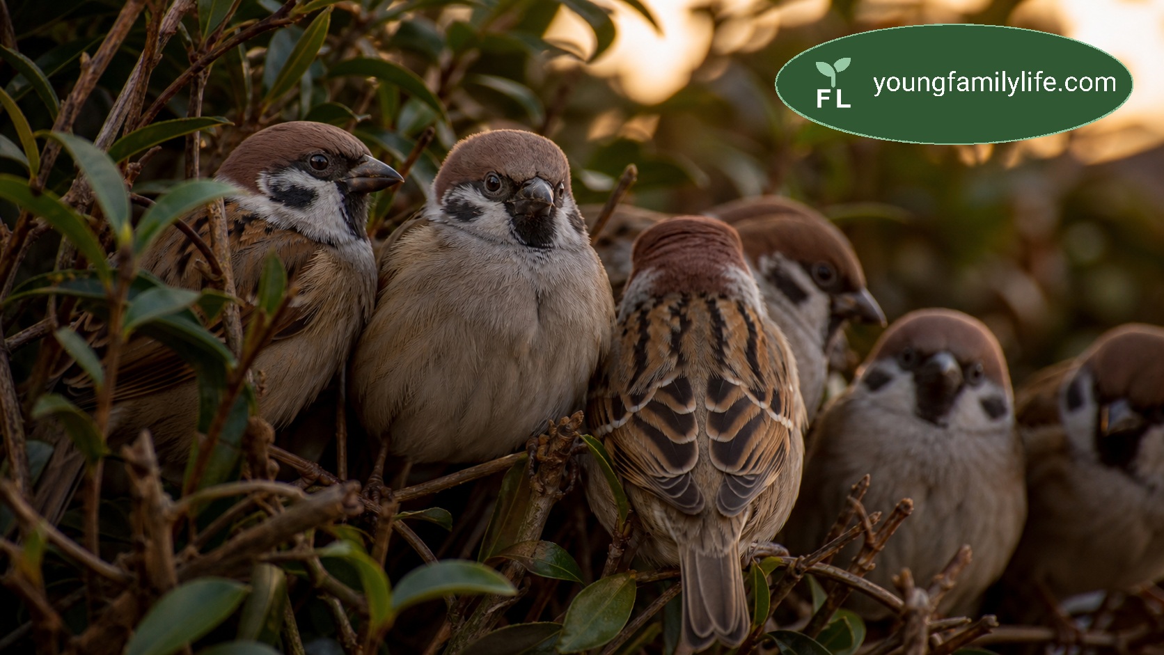 A group of house sparrows perched closely together in a hedge