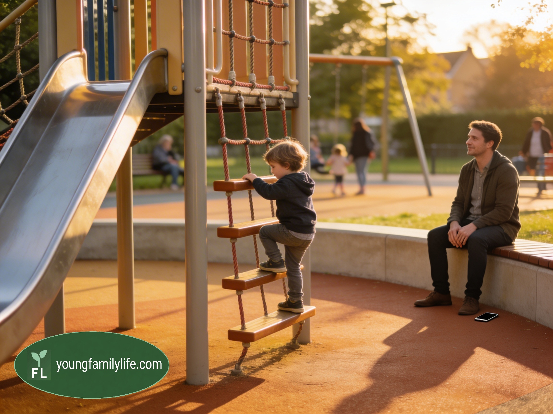 A parent watching over a child as they play nearby, ready to be there when needed.