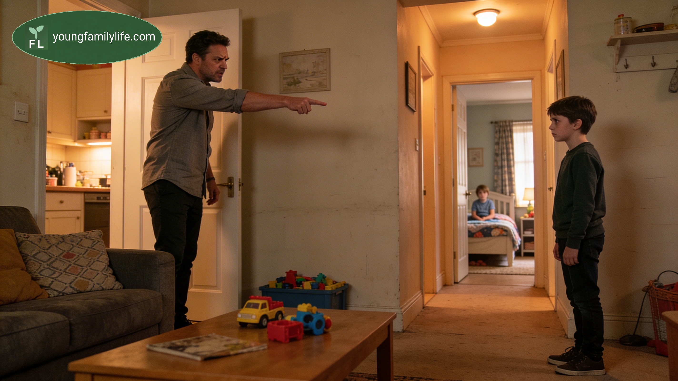 A parent and child sitting together after a difficult moment, making eye contact in a calm domestic setting.