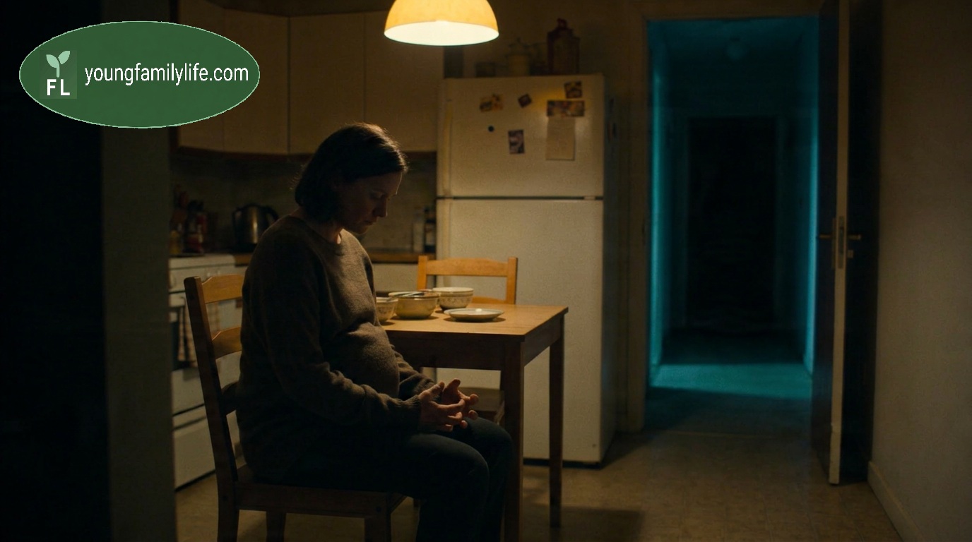 A person sitting alone in a dimly lit room in the evening, hands resting in their lap, looking quietly inward.