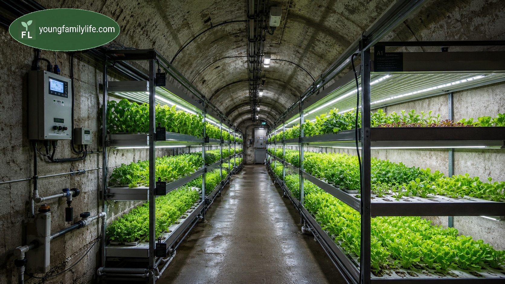 Rows of green crops growing under LED lighting in a hydroponic underground farm facility.