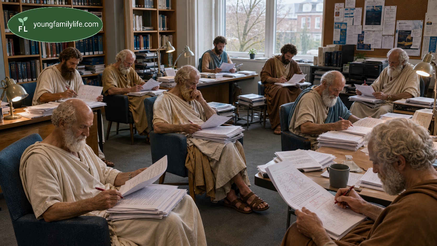 Nine ancient Greek philosophers depicted in togas, sat marking essays and writing notes at desks in a modern library or study room