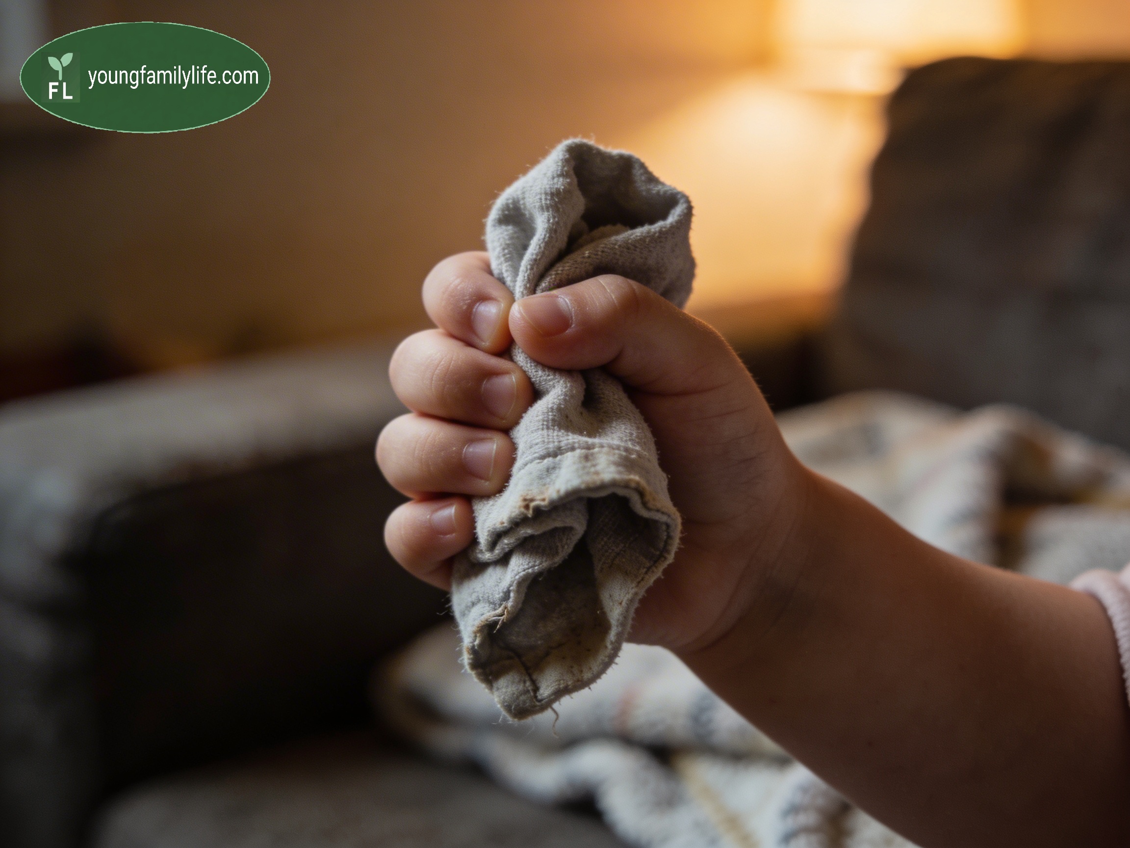 A child's hand holding a small piece of soft fabric against a blurred warm background.