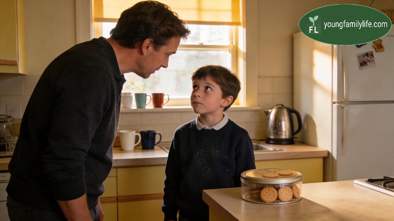 A young child sitting near an open biscuit tin, looking up with a slightly caught expression