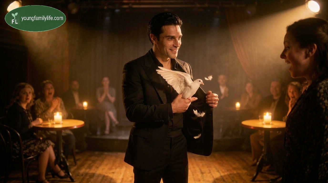 A magician performing on stage, hands extended toward an attentive audience in a darkened theatre.