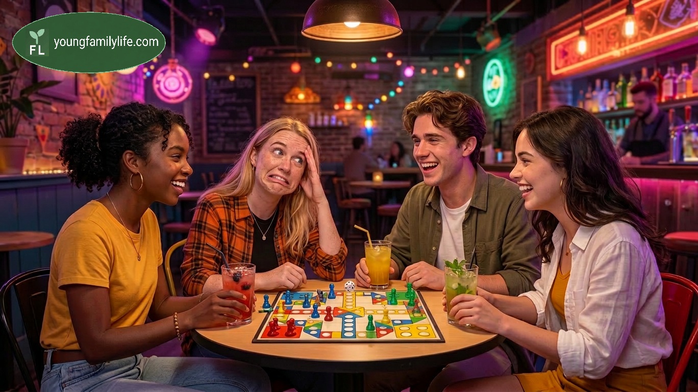 Four young adults sitting in a relaxed, funky cocktail bar around a table playing Ludo