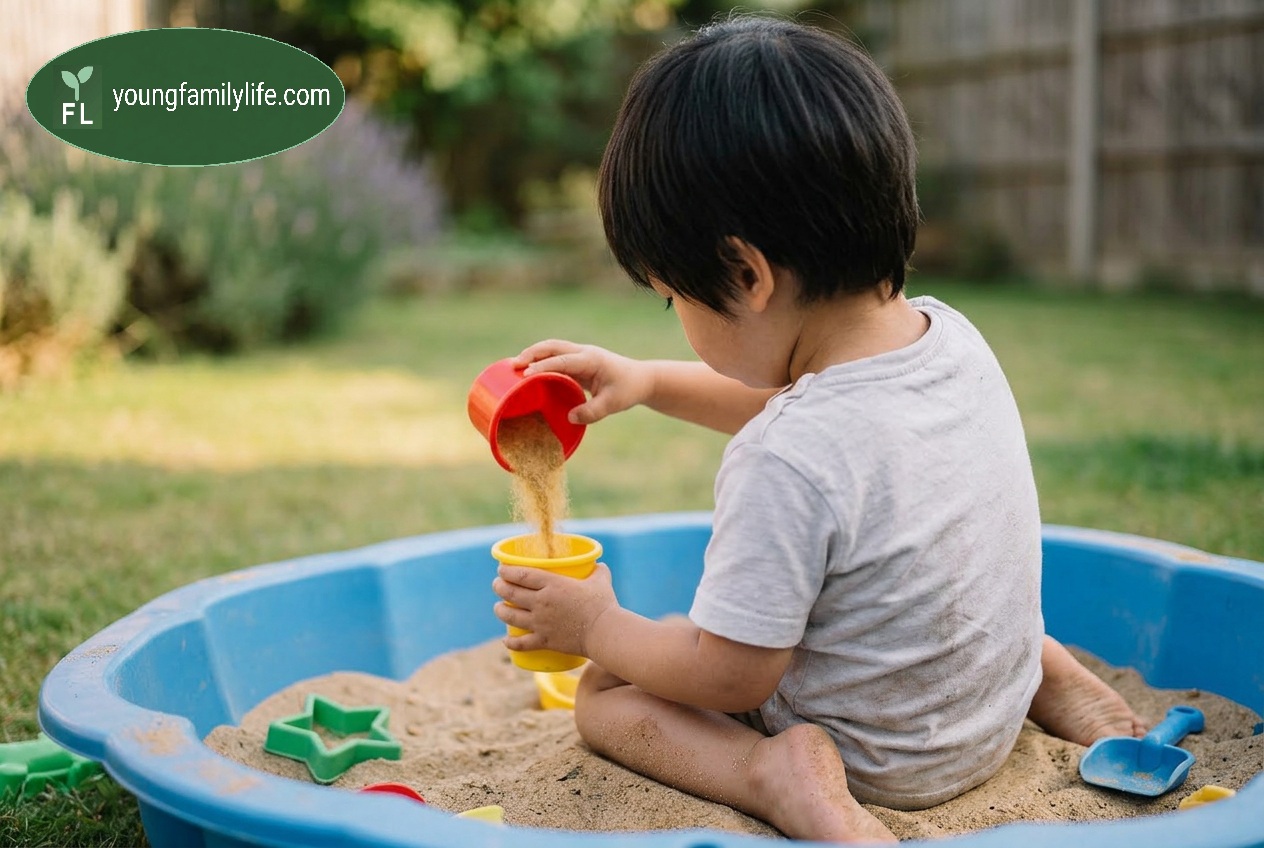 A young child absorbed in pouring water between containers, expression focused and intent.