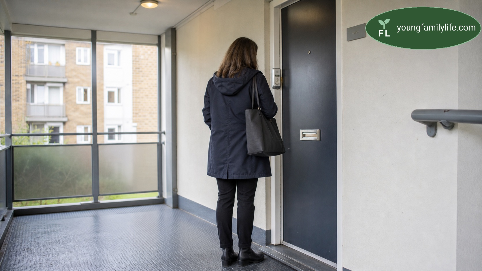 A social worker seen from behind, standing at a resident's front door on a block of flats, about to knock