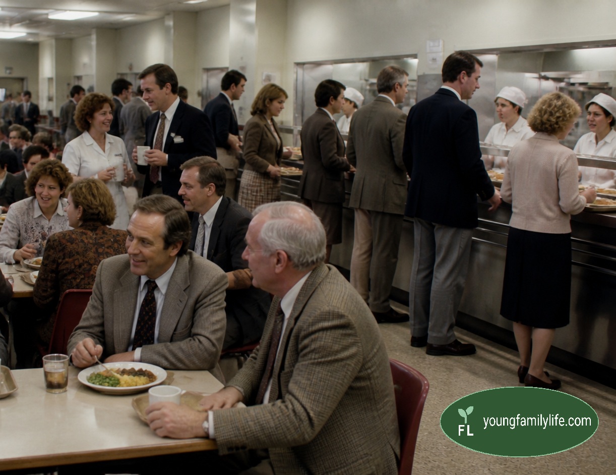 Workers from different roles eating together in a staff canteen