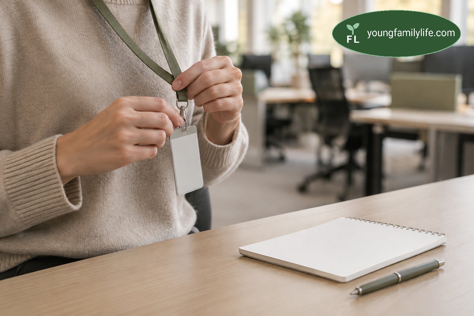A new starter clipping on a lanyard ID badge at a bare desk, open-plan office blurred behind