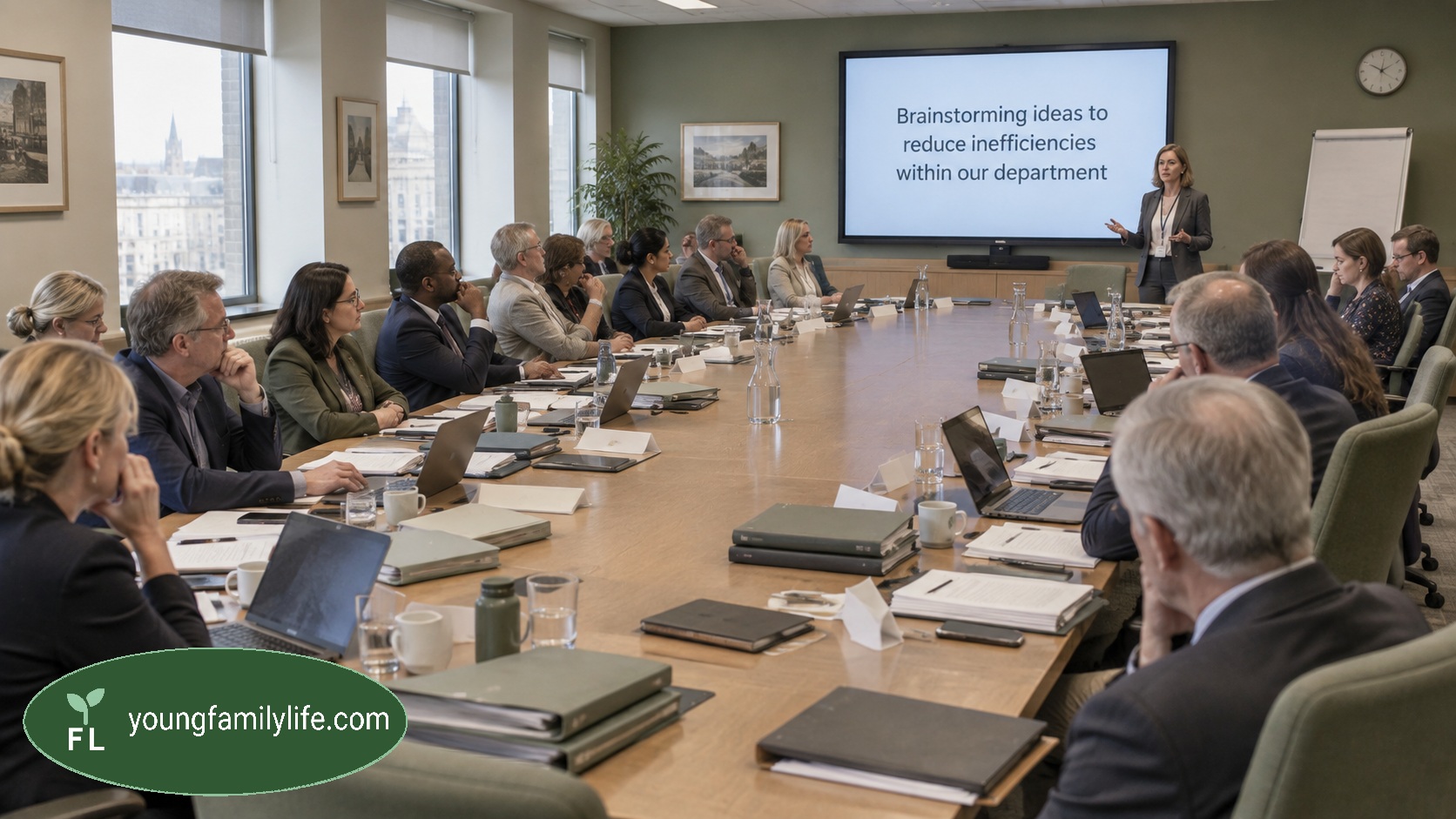 A large departmental meeting around a long boardroom table, a screen behind reading 'Brainstorming ideas to reduce inefficiencies within our department'