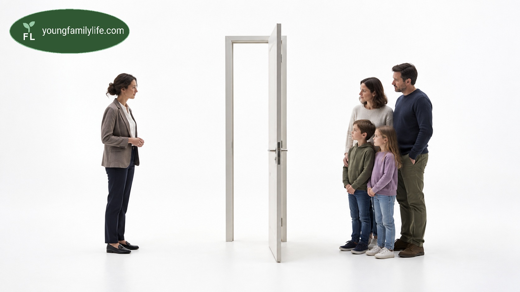 A social worker and a family of four facing each other across an open doorway in a plain studio setting