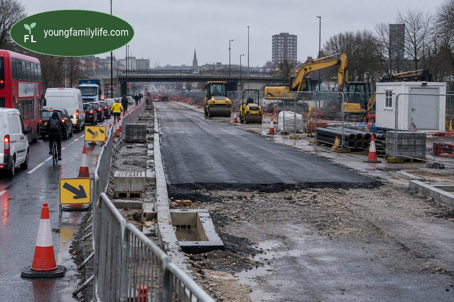 A stalled UK road resurfacing project on a wet day, diggers and rollers idle behind hoardings, traffic backed up alongside