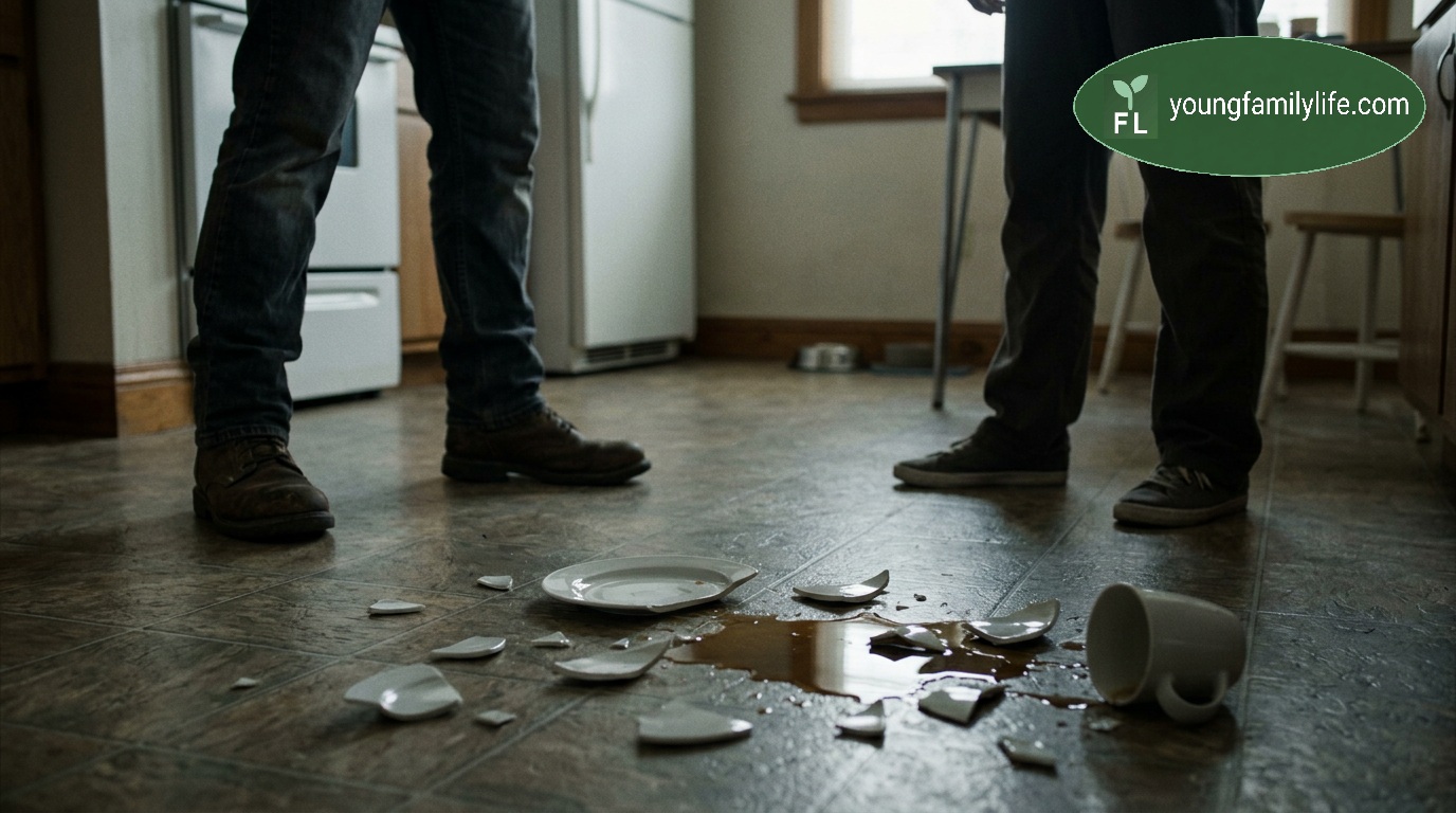 A person sitting alone in a quiet domestic interior, hands resting still, as evening light falls across the room.