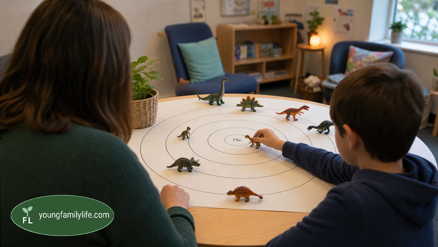 A mother and son sit at a table using toy dinosaurs on a hand-drawn 'Me'-centred diagram, placing figures at varying distances to represent people in the child's life.