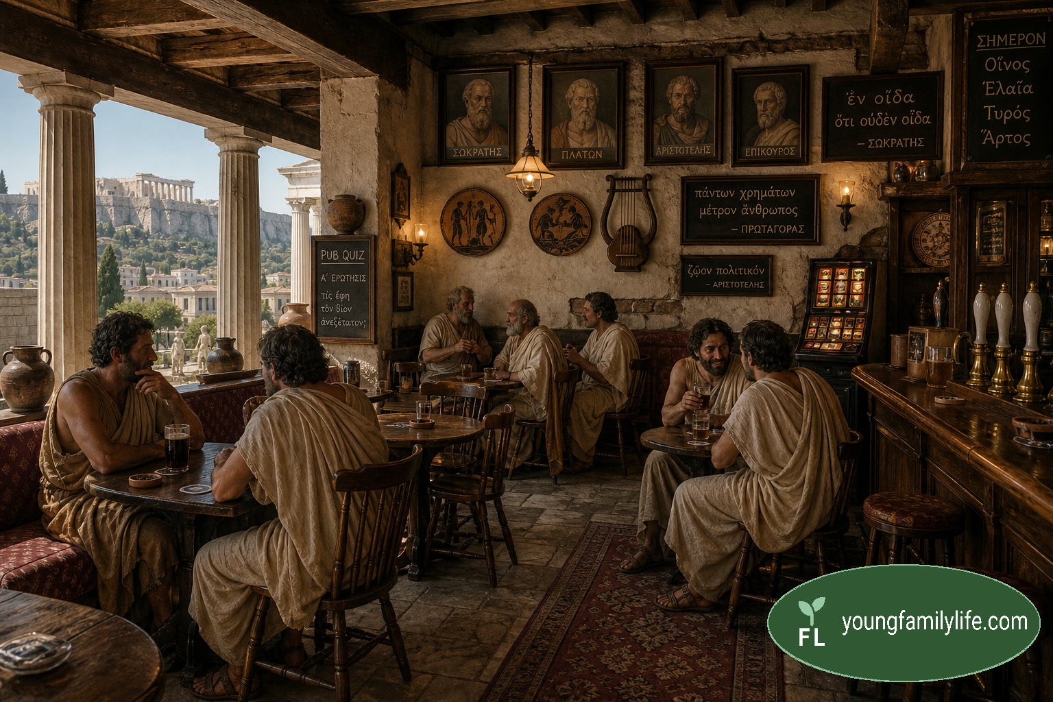 Nine ancient Greek philosophers depicted in togas, gathered in a modern-style pub with portraits of Socrates, Plato, Aristotle and Epicurus on the wall, the Acropolis visible through the window