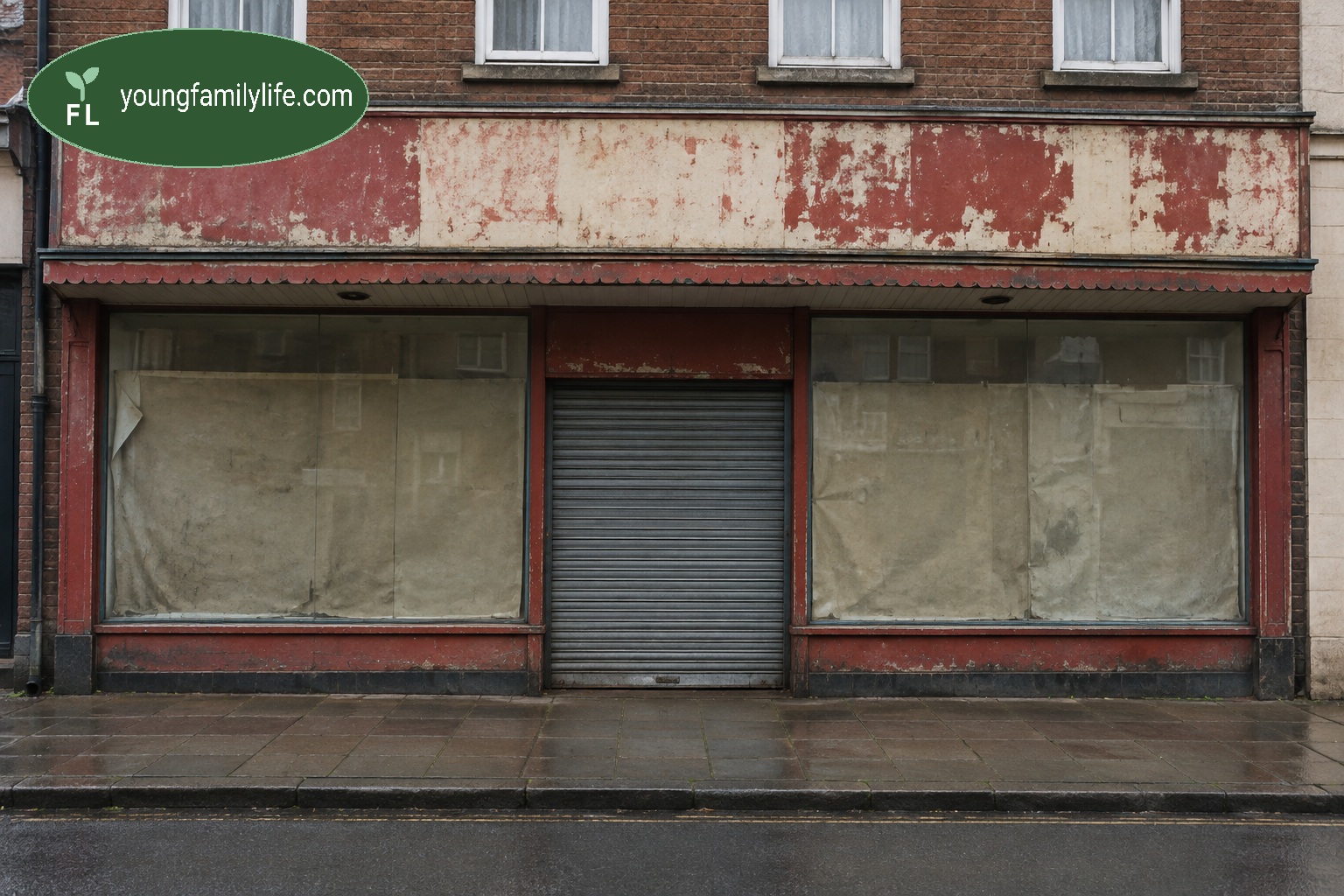 A shuttered, faded high-street shopfront with a peeling painted sign and boarded-up windows, wet pavement in front