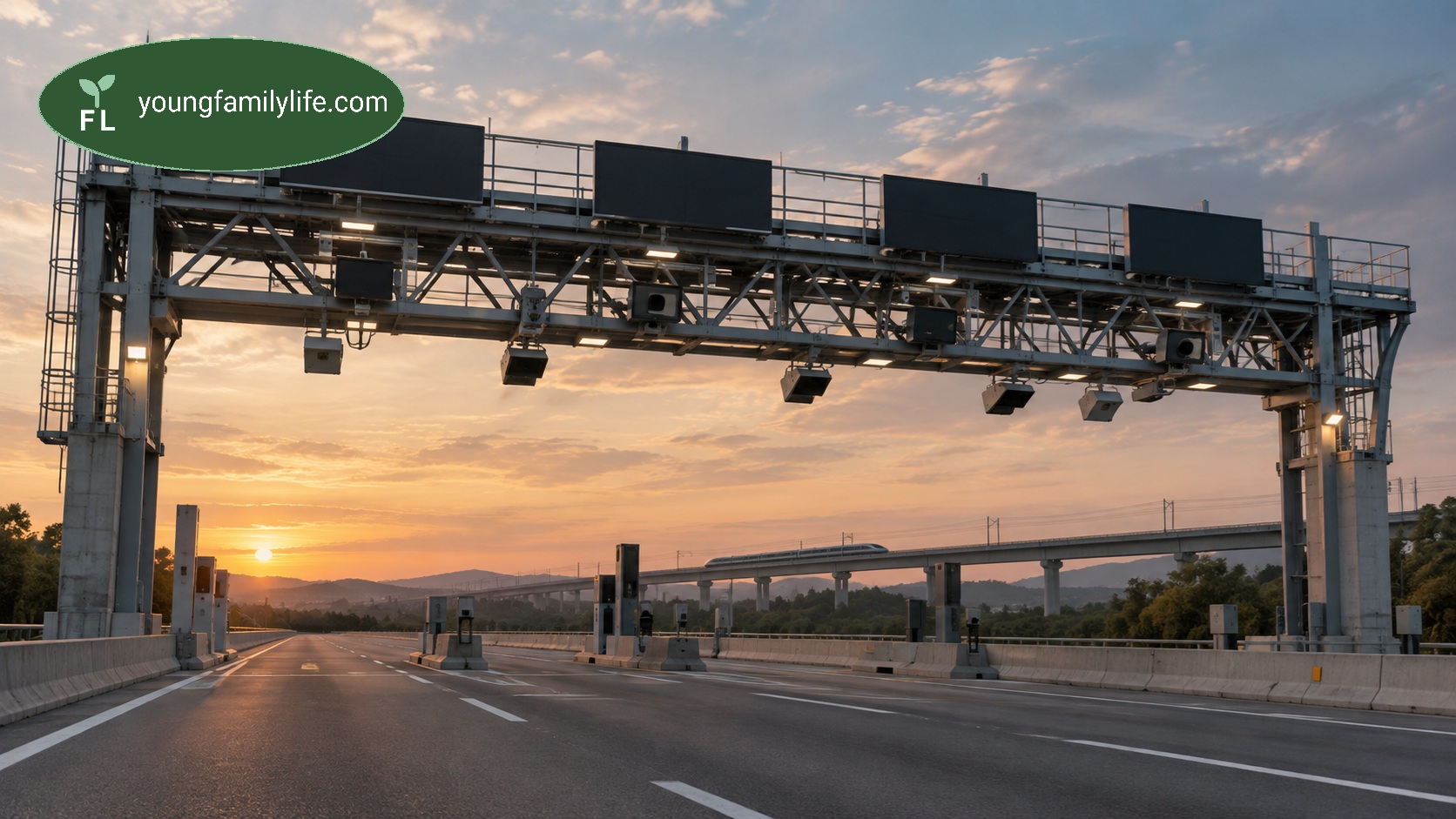 A motorway toll gantry at sunset with a high-speed rail viaduct running behind it in the distance