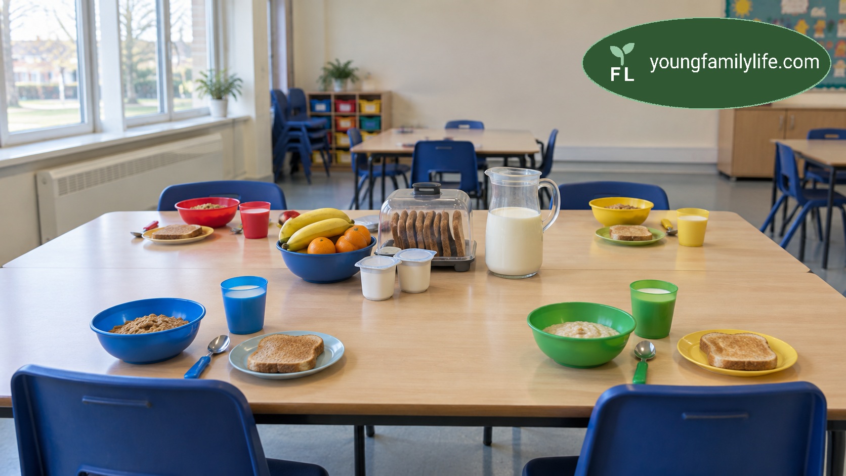 A school breakfast club table laid with cereal, fruit, milk and toast in an otherwise empty classroom