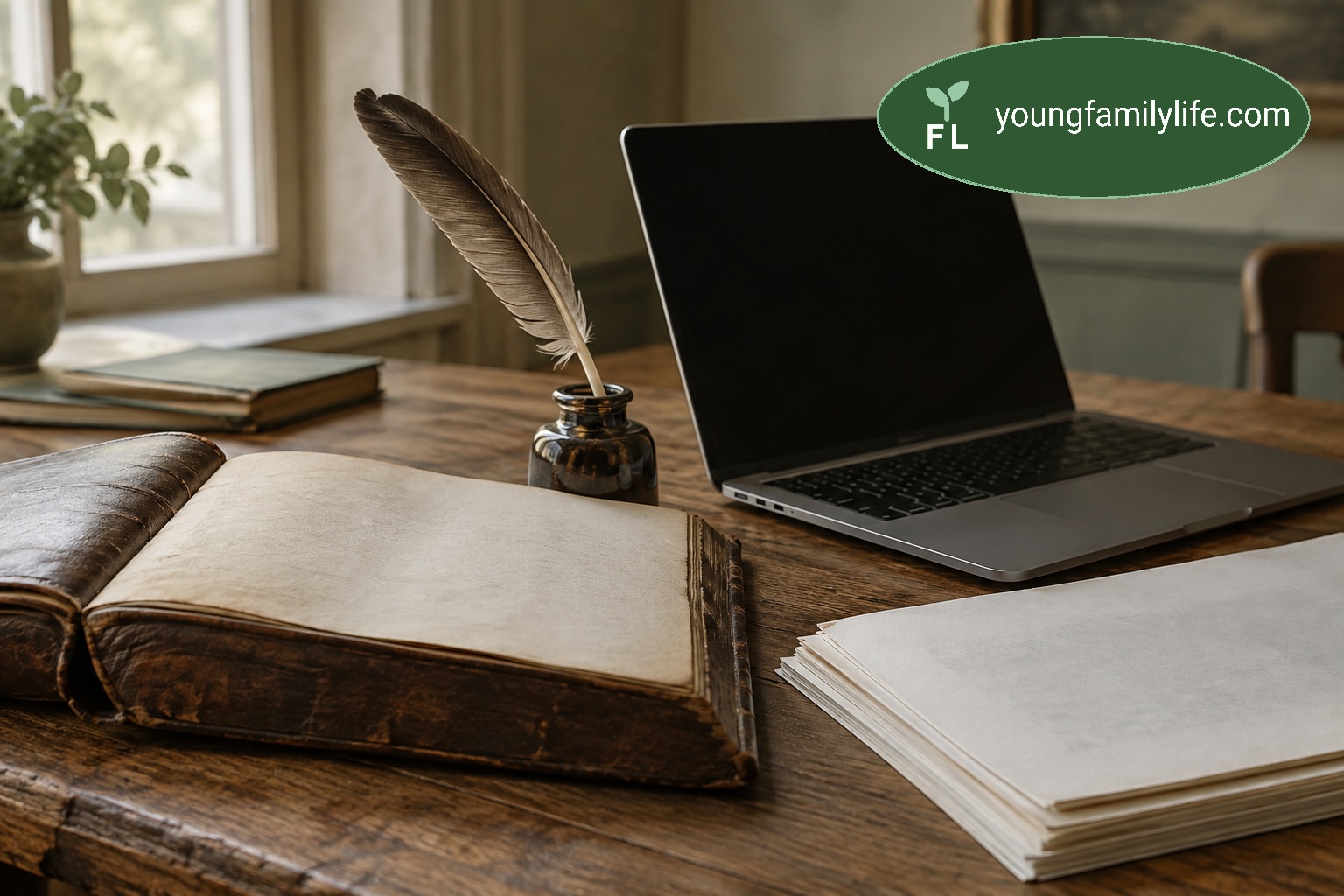 An antique leather-bound ledger and quill pen on a wooden desk beside a modern open laptop