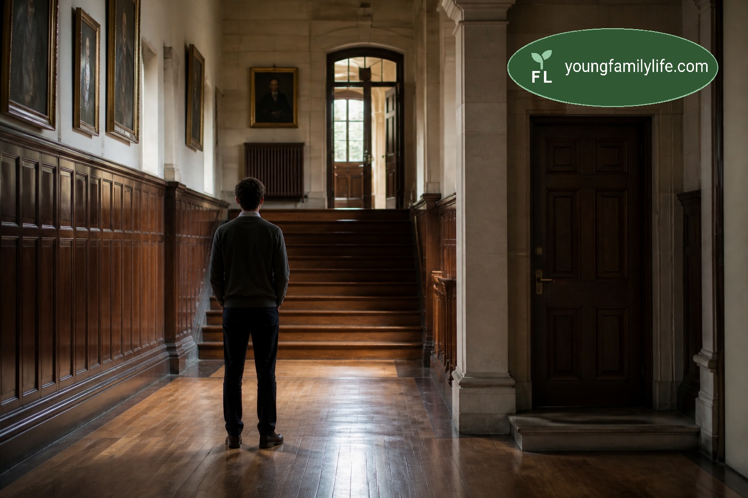 A dim institutional corridor of closed doors, one door ajar with light spilling through, symbolising an invisible social boundary