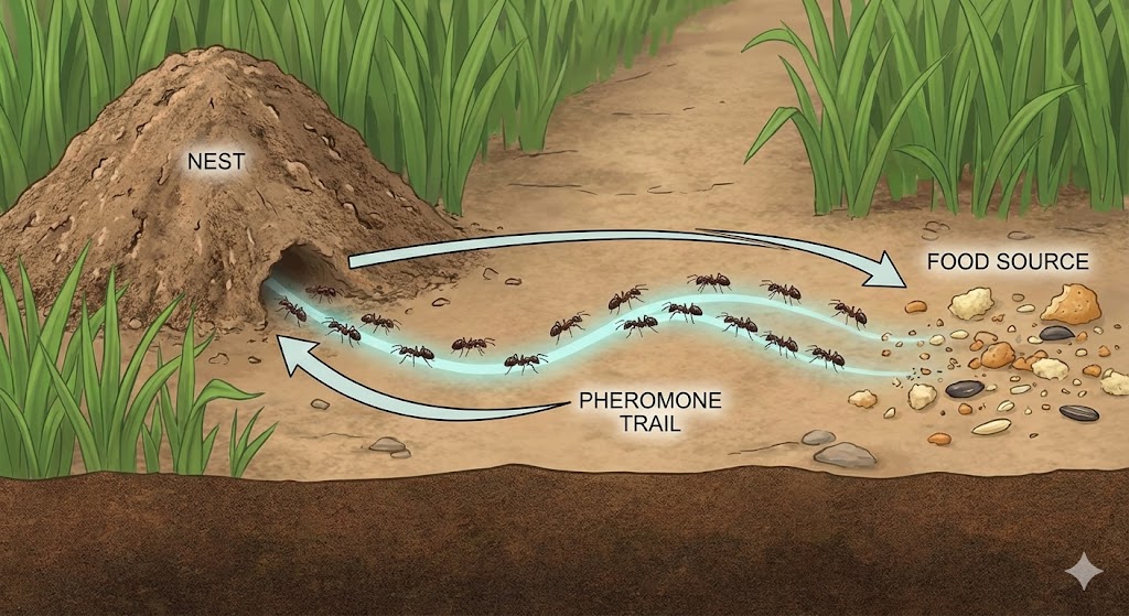 Ant trail showing pheromone path from nest to food source