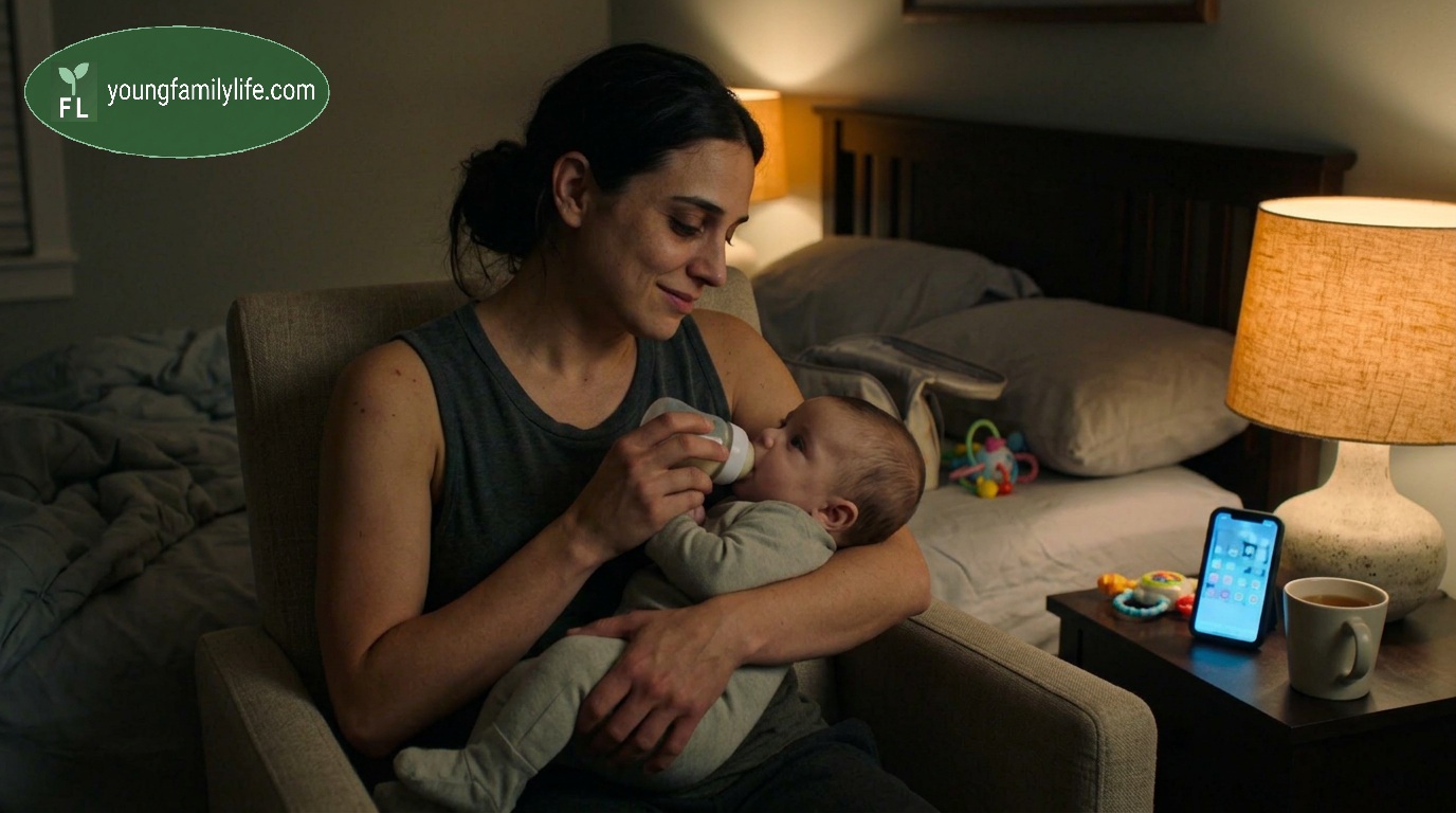 A tired parent holding a wakeful infant in low night-time light, both safe and close.
