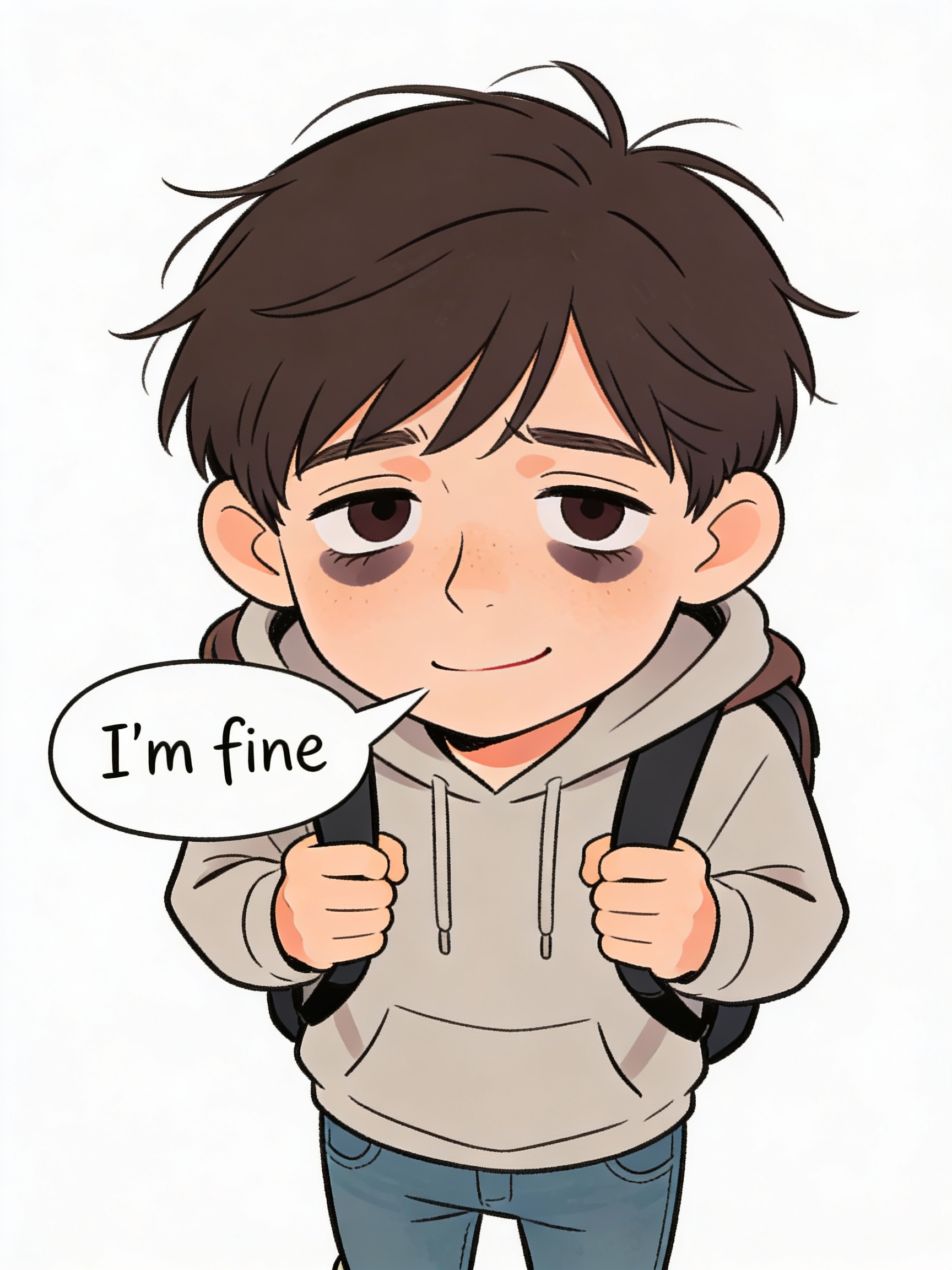 Teenage boy with backpack saying 'I'm fine' whilst showing tired eyes, slumped posture, and visible signs of stress