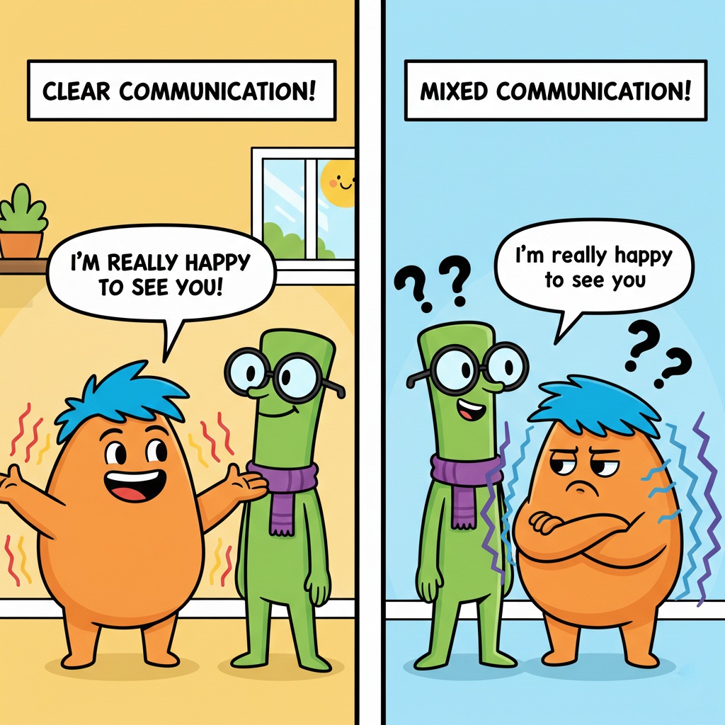 Side-by-side cartoon comparison showing clear communication when all signals match versus confusion when verbal and nonverbal signals contradict each other