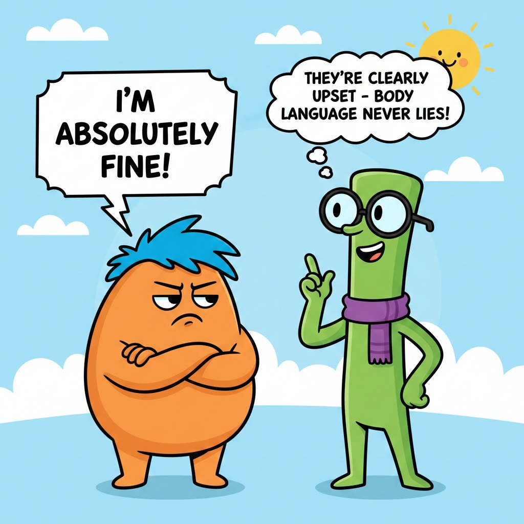 Cartoon showing one character saying they're fine whilst looking upset, and another character ignoring the words and only reading body language, illustrating the problem of dismissing verbal communication