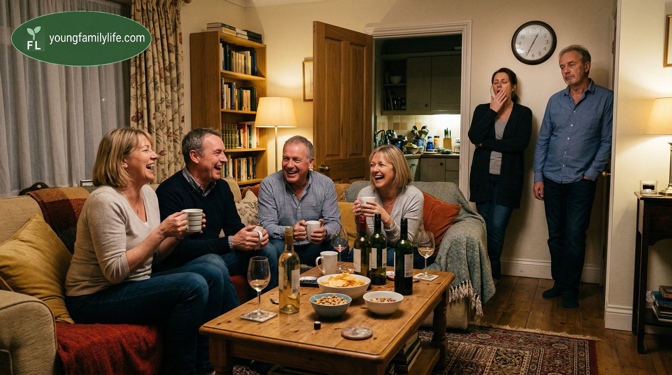 Two people at a kitchen table, one surprised by the time on their phone, the other watching them — a scene of mutual incomprehension, neither hostile.