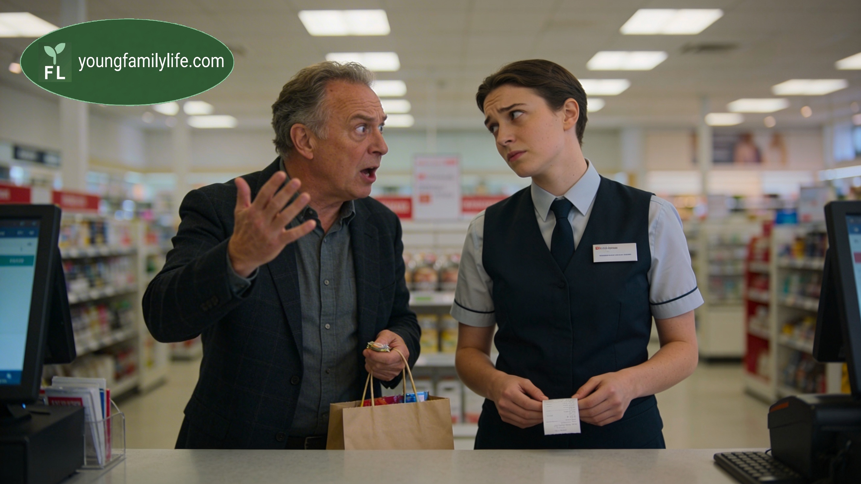 An adult's face showing a controlled but clearly reactive expression during a conversation, another person blurred in the background.