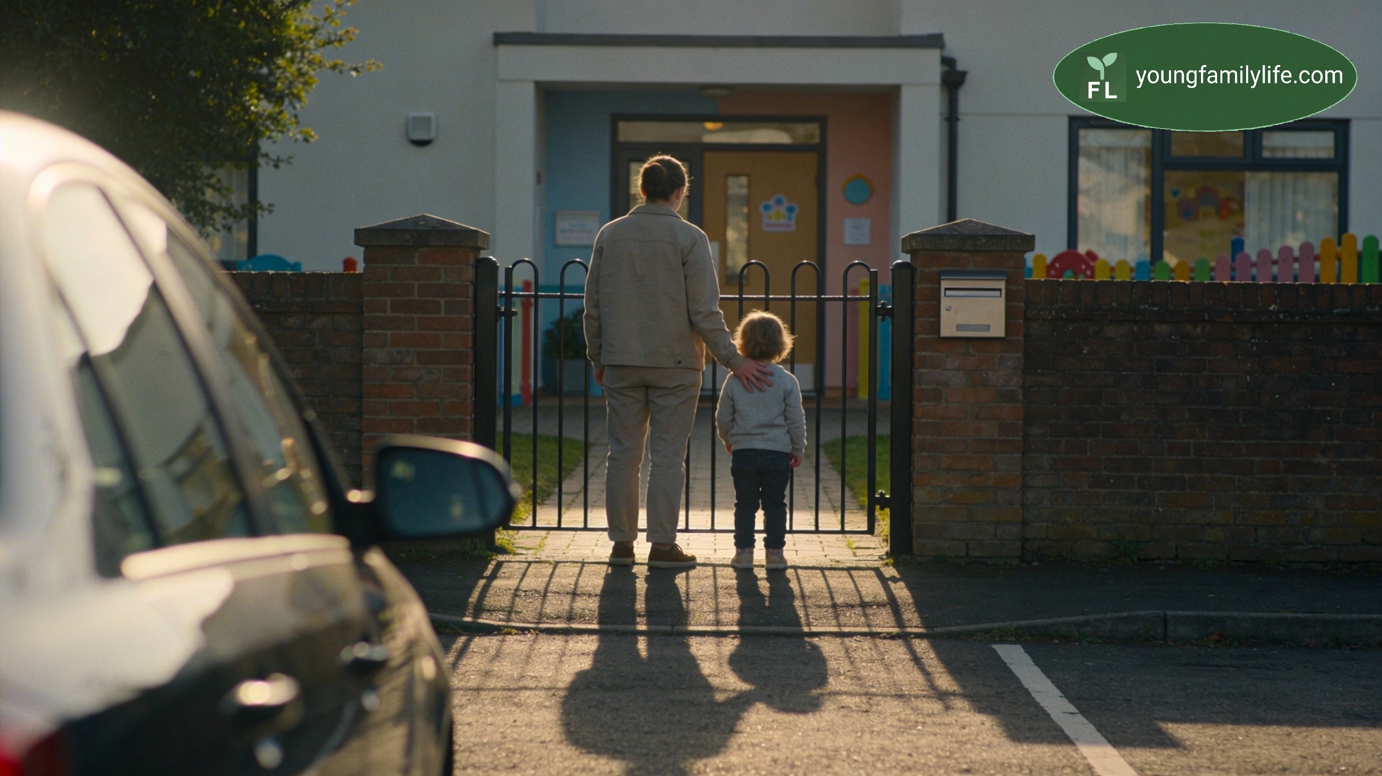 An adult supporter watching a parent and young child at a nursery entrance, the child clinging to the parent's leg.