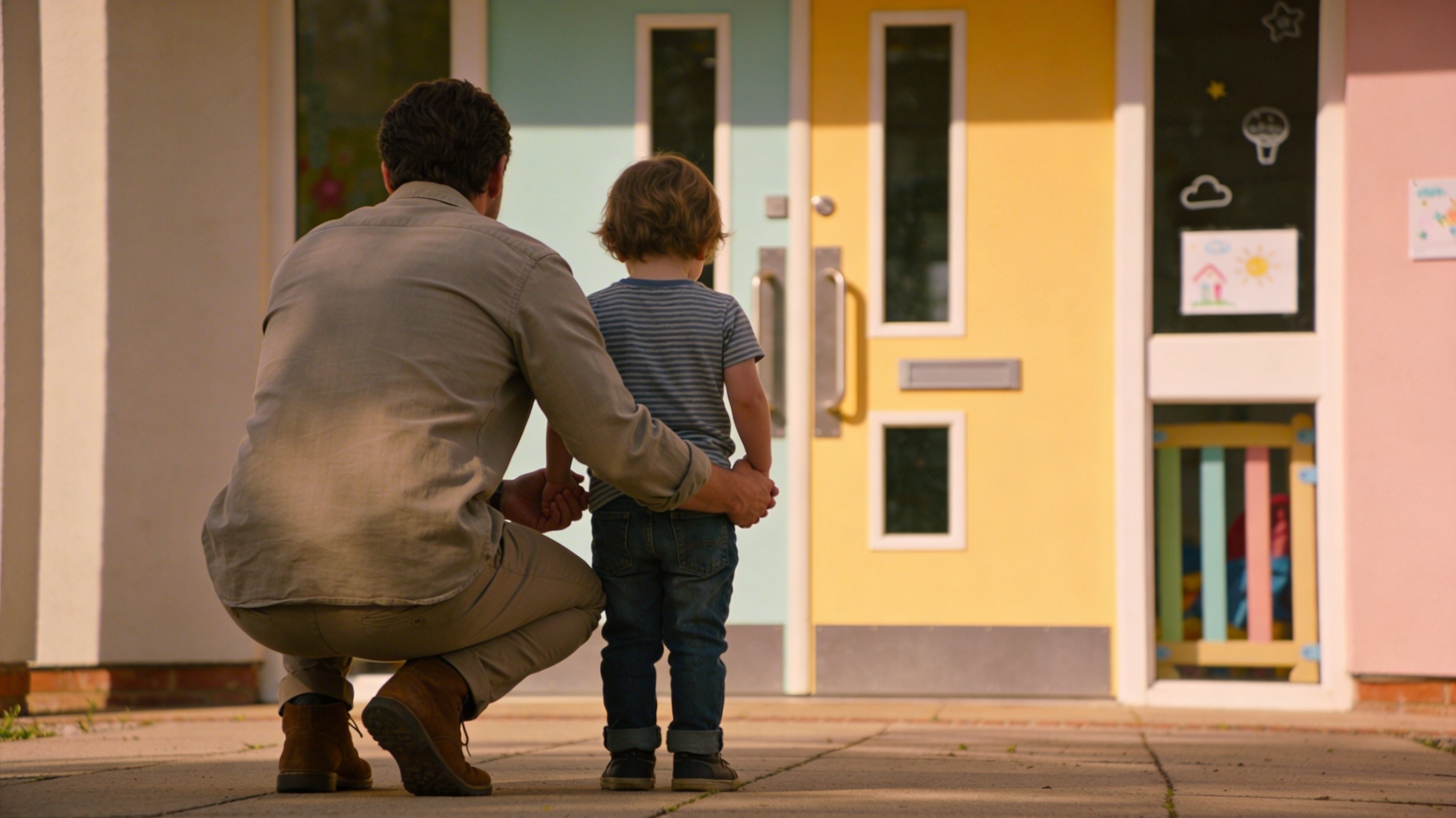 Young child clinging to parent's leg at nursery entrance while a nursery worker waits nearby.