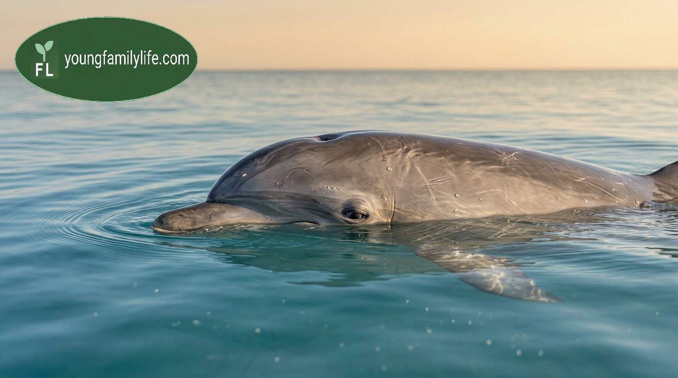A bottlenose dolphin near the water surface, one eye visible — resting with one half of the brain while the other remains alert.