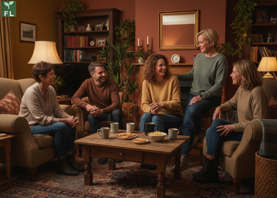 A warm social gathering where one person naturally holds the group together, illustrating the social strength of enmeshed attachment at its best.