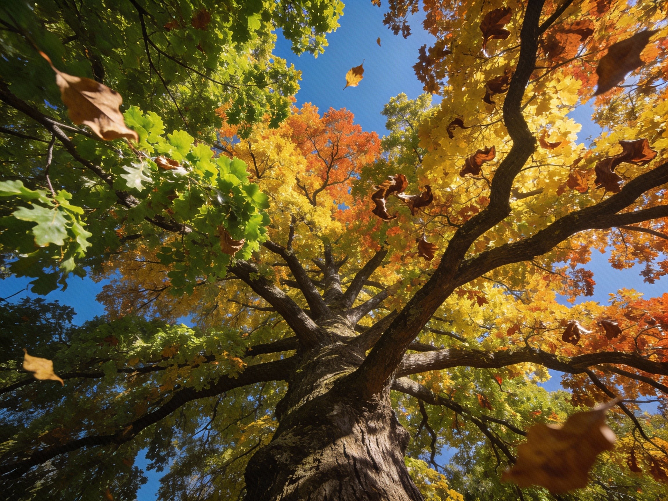 Oak tree in autumn with coloured leaves beginning to fall