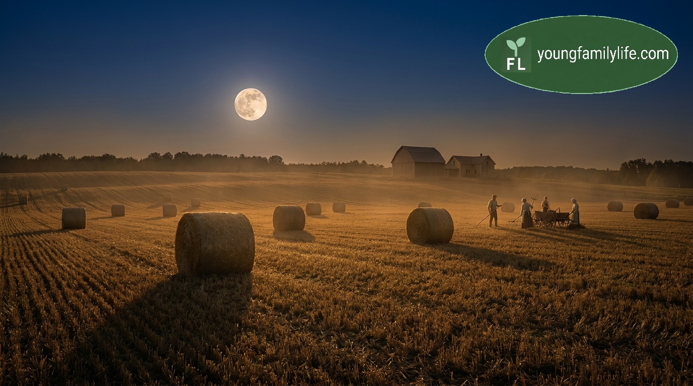 A large harvest moon rising over fields, casting enough light to work by — the natural floodlight of the pre-industrial agricultural year.