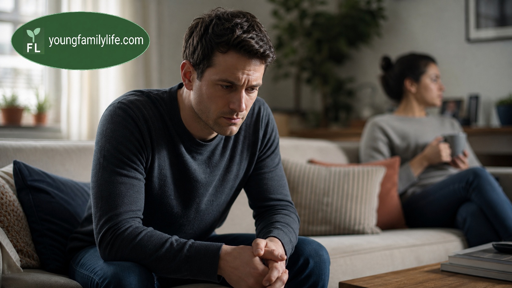 A man sits on a sofa leaning forward with hands clasped, expression inward and preoccupied, while a woman sits apart in the background holding a mug — capturing the weight of a decision being carried internally within a shared domestic space.
