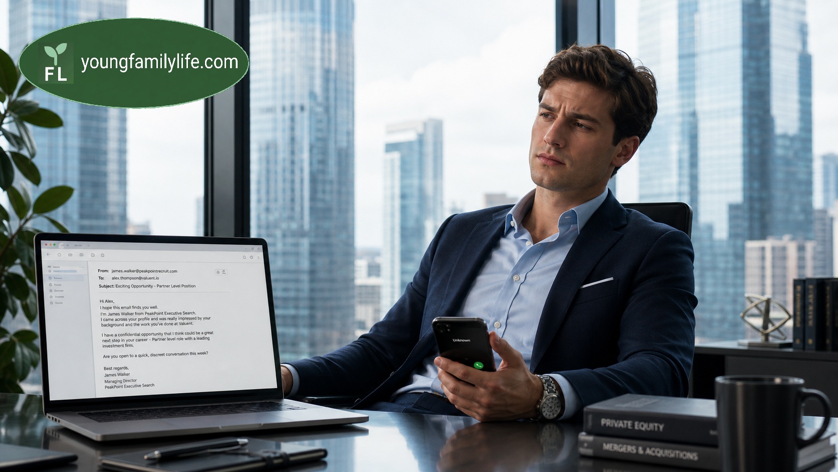 A professional man in a suit sits at a desk holding a ringing phone, an unsolicited recruitment email visible on his laptop screen, the city skyline behind him — expression caught between recognition and calculation, the moment the target has appeared but the body has not yet moved.