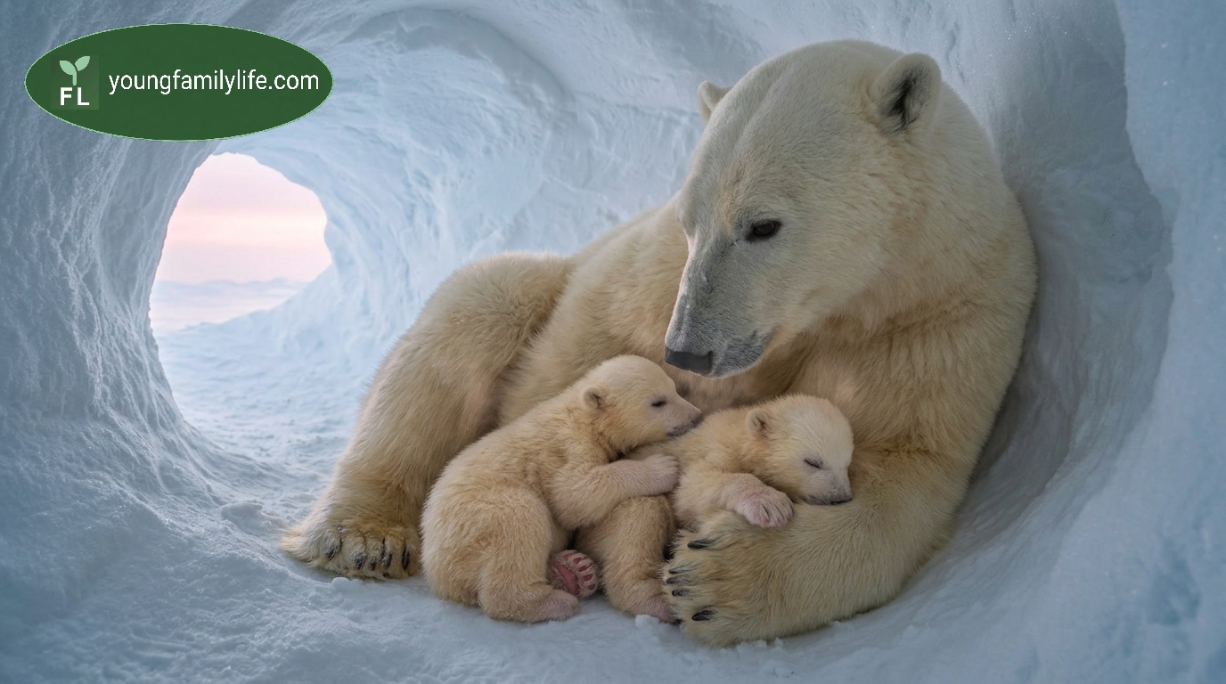 A polar bear mother with tiny newborn cubs emerging from a snow den in the Arctic winter.
