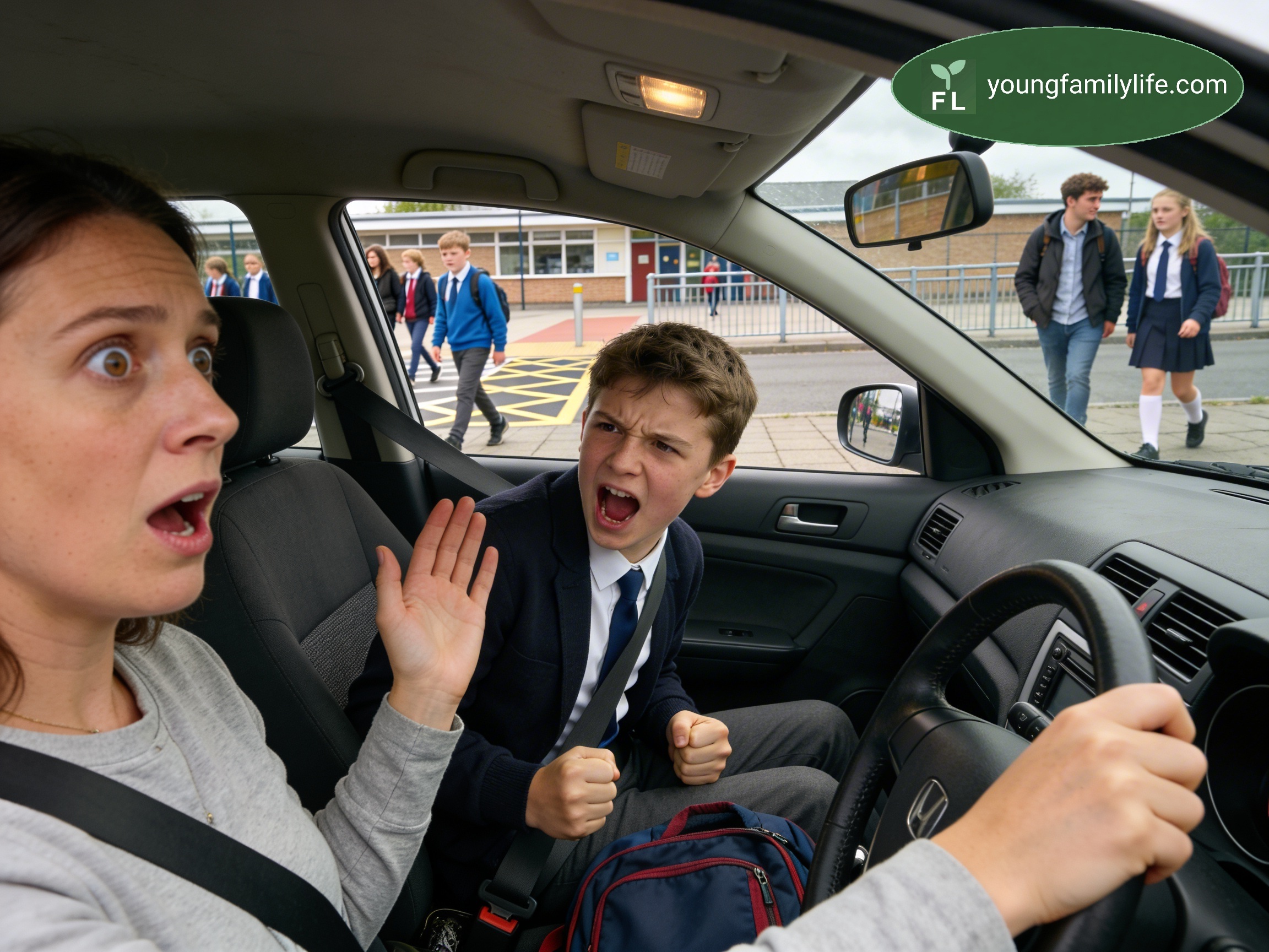 A tired parent driving, visibly tense, with a child in the back seat.