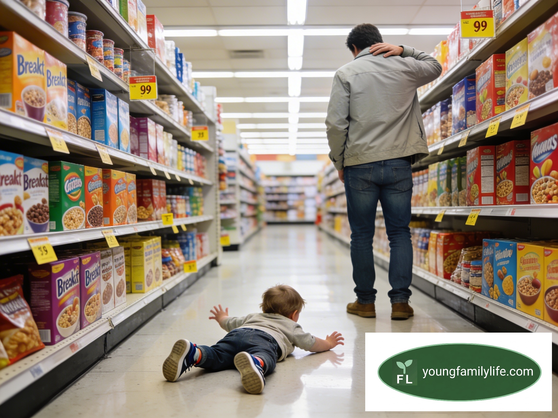 A young toddler in distress on the kitchen floor, with a parent nearby offering a calm, close presence.