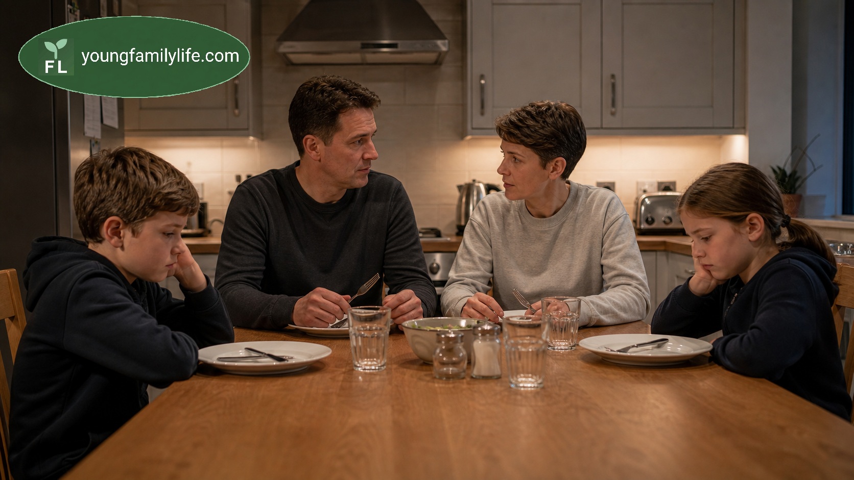 A parent sitting at a dinner table maintaining a boundary with a child who looks unhappy, in a warm home setting.